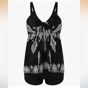 Plus size Bowknot Tankini Two Piece Bathing Suit with Boyshort